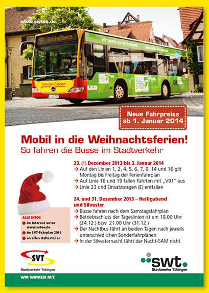 Plakat  „Weihnachtsfahrplan“ der Stadtwerke Tübingen